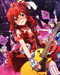  blue_eyes blush dress electric_guitar embarrassed gloves guitar hair_ornament idolmaster idolmaster_(classic) idolmaster_million_live! instrument julia_(idolmaster) long_hair looking_at_viewer makabe_mizuki multiple_girls official_art red_hair shijou_takane short_hair silver_hair 