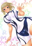  blonde_hair blue_eyes bodysuit breasts cameltoe gundam gundam_build_fighters gundam_build_fighters_try highres hoshino_fumina large_breasts looking_at_viewer looking_down poko_chin short_hair smile solo 