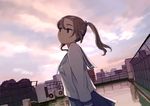  :/ bad_id bad_pixiv_id brown_eyes brown_hair cloud cloudy_sky day dutch_angle fence from_side hair_ornament hairclip long_hair morifumi original outdoors rooftop school_uniform serafuku shirt skirt sky solo twintails 