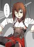  archer blush brown_eyes brown_hair fate/stay_night fate_(series) flat_chest headband headgear kantai_collection kinosuke_(sositeimanoga) kuso_miso_technique looking_at_viewer one_eye_closed open_mouth parody short_hair sitting smile solo taihou_(kantai_collection) thighhighs translated yaranaika 