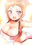  :d armpits blue_eyes breasts cleavage gundam gundam_build_fighters gundam_build_fighters_try highres hoshino_fumina large_breasts looking_at_viewer navel open_mouth ponytail rondo_bell smile sports_bra 