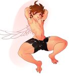  :p armlet armpits arms_behind_head barefoot bike_shorts blue_eyes brown_hair bulge highres kid_icarus male_focus mandragoria navel pit_(kid_icarus) shirtless soles solo thick_thighs thighs toes tongue tongue_out wings 