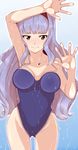  against_glass ass_visible_through_thighs breast_press breasts brown_eyes competition_school_swimsuit cowboy_shot egooo hairband idolmaster idolmaster_(classic) long_hair one-piece_swimsuit purple_hairband school_swimsuit shijou_takane silver_hair swimsuit wet 