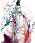  aqua_eyes aqua_hair closed_fan fan flower folding_fan hat kochiya_sanae kyer long_hair long_sleeves touhou very_long_hair wide_sleeves 