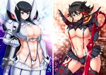  black_hair blue_eyes blush boots breasts cleavage cleavage_cutout collage eyebrows hair_ornament hairclip hairpods hand_on_hip highres huge_breasts junketsu keiryu kill_la_kill kiryuuin_satsuki large_breasts long_hair matoi_ryuuko microskirt midriff multicolored_hair multiple_girls navel planted_sword planted_weapon plump red_eyes revealing_clothes scissor_blade senketsu short_hair skirt suspenders sword thick_eyebrows thick_thighs thigh_boots thighhighs thighs two-tone_hair weapon 