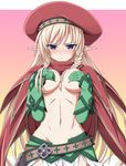  alleyne_(queen's_blade) belt blonde_hair blue_eyes blush braid breasts cape covering covering_breasts deep_skin elf hat highres large_breasts long_hair navel parted_lips pointy_ears queen's_blade shirosame single_braid skirt solo sweatdrop topless 
