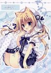  :d absurdres animal_ears blonde_hair blouse blue_eyes blush cat_ears cat_tail herurun highres knees_up open_mouth skirt smile solo tail thighhighs twintails white_legwear 