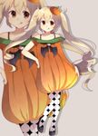  :q alternate_costume bad_id bad_pixiv_id brown_eyes collarbone food_themed_hair_ornament hair_ornament hand_on_hip kantai_collection light_brown_hair long_hair looking_at_viewer murasame_(kantai_collection) pantyhose pumpkin_costume pumpkin_hair_ornament solo spaghetti_strap tongue tongue_out twintails unmoving_pattern very_long_hair yukichi_(eikichi) zoom_layer 