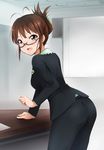  1girl akizuki_ritsuko ass blush breasts brown_eyes brown_hair formal glasses hair_bun happy highres idolmaster kaiga large_breasts looking_at_viewer open_mouth sideboob smile solo standing suit table 