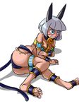  alternate_costume animal_ears anklet armlet ass bangs black_panties blue_eyes blunt_bangs blush bob_cut breasts cat_ears cat_tail cleavage collar crying crying_with_eyes_open dark_skin embarrassed full-face_blush jewelry large_breasts lying ms._fortune_(skullgirls) on_side panties scar short_hair silver_hair skullgirls slave solo spoilers tail tears thigh_strap toes underwear wristband zassou_maruko 