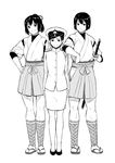  female_admiral_(kantai_collection) full_body greyscale hakama_skirt hand_on_another's_shoulder hand_on_hip hat hyuuga_(kantai_collection) ise_(kantai_collection) japanese_clothes kantai_collection katana kneehighs military military_hat military_uniform monochrome multiple_girls nathaniel_pennel naval_uniform pencil_skirt short_hair simple_background skirt smile standing sword tabi uniform very_short_hair weapon white_background 