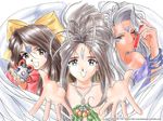  3girls :d aa_megami-sama bare_shoulders belldandy blue_eyes bracelet brown_hair collarbone dark_skin dated facial_mark forehead_mark grey_eyes happy jewelry long_hair multiple_girls one_eye_closed open_mouth ponytail ribbon ring skuld smile tanaka_takayuki test_tube urd wallpaper watermark web_address white_hair 