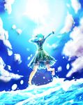  arm_behind_back arms_up bakuha bare_legs barefoot blue_dress blue_hair blue_sky cloud cloudy_sky dress from_behind hair_bobbles hair_ornament hand_on_headwear hand_on_own_head hat highres jumping kawashiro_nitori light_rays ocean outstretched_arm short_hair skirt skirt_set sky soles solo standing standing_on_liquid sunbeam sunlight touhou two_side_up water waves wet 