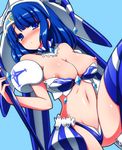  ao_no_rupika beatmania beatmania_iidx blue_eyes blue_hair blush breasts choker earrings hair_ornament hat jester_cap jewelry large_breasts looking_at_viewer nikuchimaki nipples solo striped thighhighs vertical_stripes 