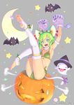  :d animal_ears anklet armpits arms_up bad_id bad_pixiv_id barefoot bat bikini blue_eyes blush candy cat_ears cat_tail crescent_moon feet food ghost gloves green_hair grey_background halloween jack-o'-lantern jewelry kneepits last_summoner leg_up lollipop moon official_art open_mouth paw_gloves paws piro_(orip) robin_hood_(last_summoner) short_hair smile solo star striped striped_bikini swimsuit tail toeless_legwear white_legwear 