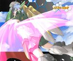  armor bike_shorts blue_hair cape cloud day electriccross green_eyes gundam gundam_build_fighters heterochromia looking_back mecha_musume midriff red_eyes solo thrusters wing_gundam_fenice 