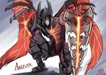  aatrox armor blade demon_wings horns league_of_legends male_focus nam_(valckiry) no_humans red_eyes solo weapon wings 