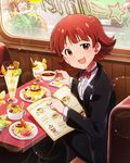  ^_^ bow bowtie brown_eyes brown_hair cake closed_eyes food formal ice_cream idolmaster idolmaster_(classic) idolmaster_million_live! looking_at_viewer menu multiple_girls nonohara_akane official_art shawl_lapels smile solo_focus suit takatsuki_yayoi tea tuxedo twintails 