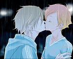  2boys artra_ttt blonde_hair child eyes_closed jomy_marquis_shin kiss male male_focus multiple_boys rain short_hair simple_background soldier_blue toward_the_terra wet yaoi 