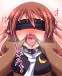  1girl blindfold blush brown_hair crescent cum cum_in_mouth finger_in_mouth hetero ikue_fuuji kantai_collection long_hair mochizuki_(kantai_collection) open_mouth solo_focus 