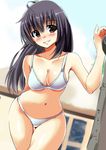  bare_arms bikini black_hair brown_eyes long_hair original solo standing swimsuit takocha white_bikini 