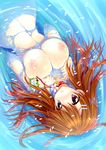  araiguma bangle blush bracelet breasts brown_eyes brown_hair earrings flower hair_ornament hairpin jewelry large_breasts long_hair looking_at_viewer nipples original partially_submerged petals smile solo water wet wrist_cuffs 