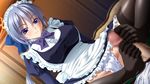  1girl bishop_(company) blush bow bowtie braid breasts censored feet footjob game_cg grey_hair highres kurohara_ryou large_breasts legs long_hair looking_down lying maid maid_headdress mizushima_oonari no_shoes panties penis purple_eyes sitting smile thighhighs thighs underwear yakata:_kannou_kitan 