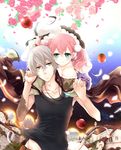  1girl amiko_(frostedchocolate) apple atelier_(series) atelier_escha_&amp;_logy bad_id bad_pixiv_id braid breasts cleavage couple escha_malier feathers flower food fruit green_eyes hetero holding_hands jacket jewelry large_breasts logix_ficsario necklace pink_flower pink_hair pink_rose rose scar shirt short_hair short_twintails skirt smile twintails white_hair yellow_eyes 