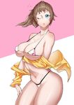  bare_shoulders bikini blue_eyes breasts brown_hair covered_nipples fingernails gundam gundam_build_fighters gundam_build_fighters_try hoshino_fumina ion_(cation) large_breasts long_fingernails looking_at_viewer micro_bikini navel one_eye_closed open_clothes open_mouth ponytail shiny shiny_skin skindentation solo strap_gap swimsuit thighs 