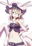  bare_shoulders doughnut facial_mark food food_on_face green_eyes groin hat merry_nightmare midriff navel off_shoulder one_eye_closed pointy_ears solo strap_slip tongue tongue_out white_background yukishiro_arute yumekui_merry 