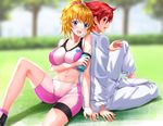  1girl :d back-to-back bad_id bad_pixiv_id bare_shoulders bike_shorts blonde_hair blue_eyes blush bottle breast_hold breasts bush cleavage collarbone covered_nipples dougi drinking_straw grass gundam gundam_build_fighters gundam_build_fighters_try hoshino_fumina impossible_clothes kamiki_sekai karate_gi large_breasts long_legs long_sleeves midriff navel open_mouth ponytail red_eyes red_hair shiny shiny_hair short_hair sitting sleeves_rolled_up smile sweat swordsouls tree 