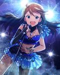  ahoge brown_hair earrings elbow_gloves fishnet_pantyhose fishnets gloves idolmaster idolmaster_million_live! jewelry long_hair looking_at_viewer microphone microphone_stand necklace official_art pantyhose single_elbow_glove skirt stage_lights tokoro_megumi 