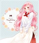 apron borrowed_character kira_(pichica) long_hair looking_at_viewer open_mouth original pink_hair red_eyes smile solo 