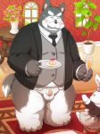  2016 anthro balls belly blush cake canid canine canis clothing domestic_dog drinks duo eyes_closed female flaccid food humanoid_penis lagomorph lako male mammal overweight overweight_male penis rabbit shirt sitting young 