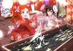  bai_yemeng black_hair blue_eyes blush character_mask fish floral_print goldfish goldfish_scooping highres japanese_clothes kaonashi kimono kousaka_honoka love_live! love_live!_school_idol_project mask mask_on_head multiple_girls open_mouth poi_(goldfish_scoop) red_eyes red_hair sen_to_chihiro_no_kamikakushi short_hair smile squatting thighhighs water watermark web_address white_legwear yazawa_nico yukata 