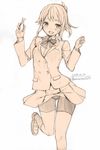  1girl 2014 bike_shorts blush dated gundam gundam_build_fighters gundam_build_fighters_try highres hoshino_fumina monochrome pliers ponytail ribbon school_uniform shorts_under_skirt sketch skirt smile solo twitter_username unasaka_ryou 