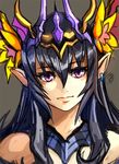  bare_shoulders black_hair brown_background earrings flower hair_flower hair_ornament jewelry lips long_hair looking_away necklace persephone_(p&amp;d) pointy_ears purple_eyes puzzle_&amp;_dragons simple_background single_earring solo tiara upper_body youichi 