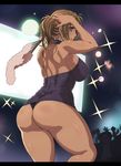  ass back black_panties blonde_hair blue_eyes blush breasts covered_nipples crowd dagashi_(place) dress earrings fan impossible_clothes impossible_dress jewelry kamimura_akiko large_breasts long_hair looking_at_viewer mature panties ponytail purple_dress sisters_~natsu_no_saigo_no_hi~ skin_tight solo_focus sweat underwear 