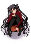  black_hair black_legwear blue_eyes fate/stay_night fate_(series) highres ka2 leg_hug long_hair sitting solo thighhighs toosaka_rin two_side_up very_long_hair wavy_hair 