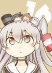  &gt;_&lt; :d amatsukaze_(kantai_collection) bad_id bad_pixiv_id bangs blue_hair brown_eyes brown_hair chibi choker closed_eyes dress grey_hair hairband hat hatsukaze_(kantai_collection) hinata_yuu kantai_collection long_hair looking_up mini_hat minigirl multiple_girls on_head open_mouth person_on_head sailor_dress short_hair silver_hair size_difference smile tokitsukaze_(kantai_collection) two_side_up yukikaze_(kantai_collection) 