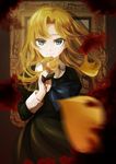  absurdres blonde_hair blood blurry depth_of_field flower green_eyes highres ib long_hair mary_(ib) petals picture_frame rose smile solo soratokanon spoilers yellow_flower yellow_rose 