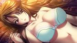  1girl bed bishop_(company) bra breasts brown_hair cleavage collarbone game_cg highres large_breasts long_hair looking_at_viewer lying mizushima_oonari navel open_mouth red_eyes solo sweatdrop underwear yakata:_kannou_kitan zenouji_miki 