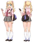  aqua_eyes bag bag_charm blonde_hair breasts cellphone character_sheet charm_(object) commentary_request crest handbag highres iphone loafers loose_necktie multiple_views necktie original phone pleated_skirt red-p scrunchie shoes skirt sleeves_rolled_up small_breasts smartphone smile socks 