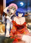  blue_hair breasts brown_hair eyepatch green_eyes ikkitousen large_breasts long_hair moon night official_art panties ryomou_shimei short_hair sitting smile sonken_chuubou water yukata 