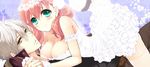  1girl amiko_(frostedchocolate) atelier_(series) atelier_escha_&amp;_logy bad_id bad_pixiv_id blush braid breasts cleavage couple escha_malier frilled_skirt frills green_eyes hetero holding_hands large_breasts logix_ficsario pink_hair short_hair short_twintails skirt smile tail twintails white_hair white_skirt yellow_eyes 
