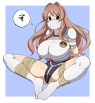  arms_behind_back bdsm blush bondage border bound breast_lift breasts brown_eyes brown_hair buruma cloth_gag crotch_rope frogtie gag gagged gym_uniform hair_intakes highres huge_breasts improvised_gag jam-orbital koumi_haruka long_hair looking_at_viewer over-kneehighs over_the_nose_gag rail_wars! rope shibari solo spoken_squiggle spread_legs squiggle thighhighs thighs white_legwear 