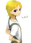  alex_(street_fighter) bad_id bad_pixiv_id blonde_hair blue_eyes frogcage hands_in_pockets looking_back male_focus overalls shirt solo street_fighter t-shirt younger 