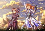  ahoge alternate_hairstyle blue_eyes blush brown_hair closed_eyes cloud divinebuster12 dress feathers fingerless_gloves gloves hair_down laughing luciferion lyrical_nanoha magazine_(weapon) magical_girl mahou_shoujo_lyrical_nanoha mahou_shoujo_lyrical_nanoha_a's mahou_shoujo_lyrical_nanoha_a's_portable:_the_battle_of_aces material-s multiple_girls open_mouth raising_heart red_hair sitting smile staff takamachi_nanoha torn_clothes 
