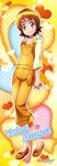  absurdres brown_eyes brown_hair character_name full_body happinesscharge_precure! heart highres official_art oomori_yuuko orange_background overalls precure satou_masayuki short_hair 