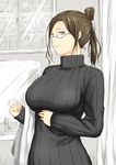  breasts brown_eyes brown_hair folded_ponytail glasses hair_ornament hairclip hand_on_own_stomach highres jewelry large_breasts niwatazumi original ribbed_sweater ring semi-rimless_eyewear smile solo sweater under-rim_eyewear upper_body wedding_band white-framed_eyewear 